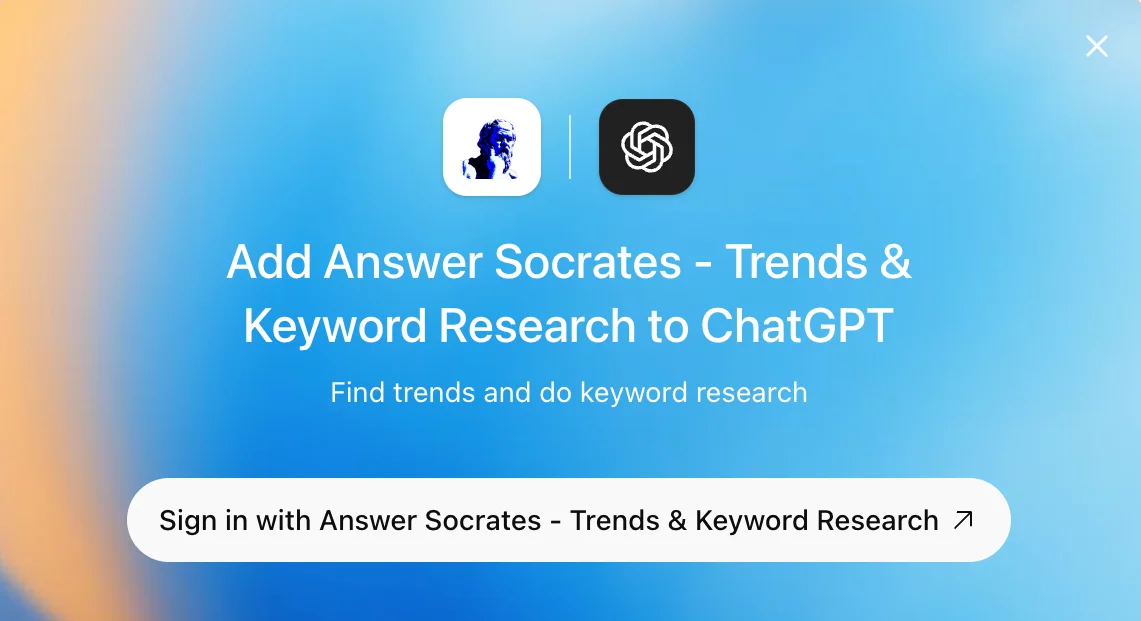 The ChatGPT dialog to add Answer Socrates - Trends & Keyword Research, with a Sign in with Answer Socrates button