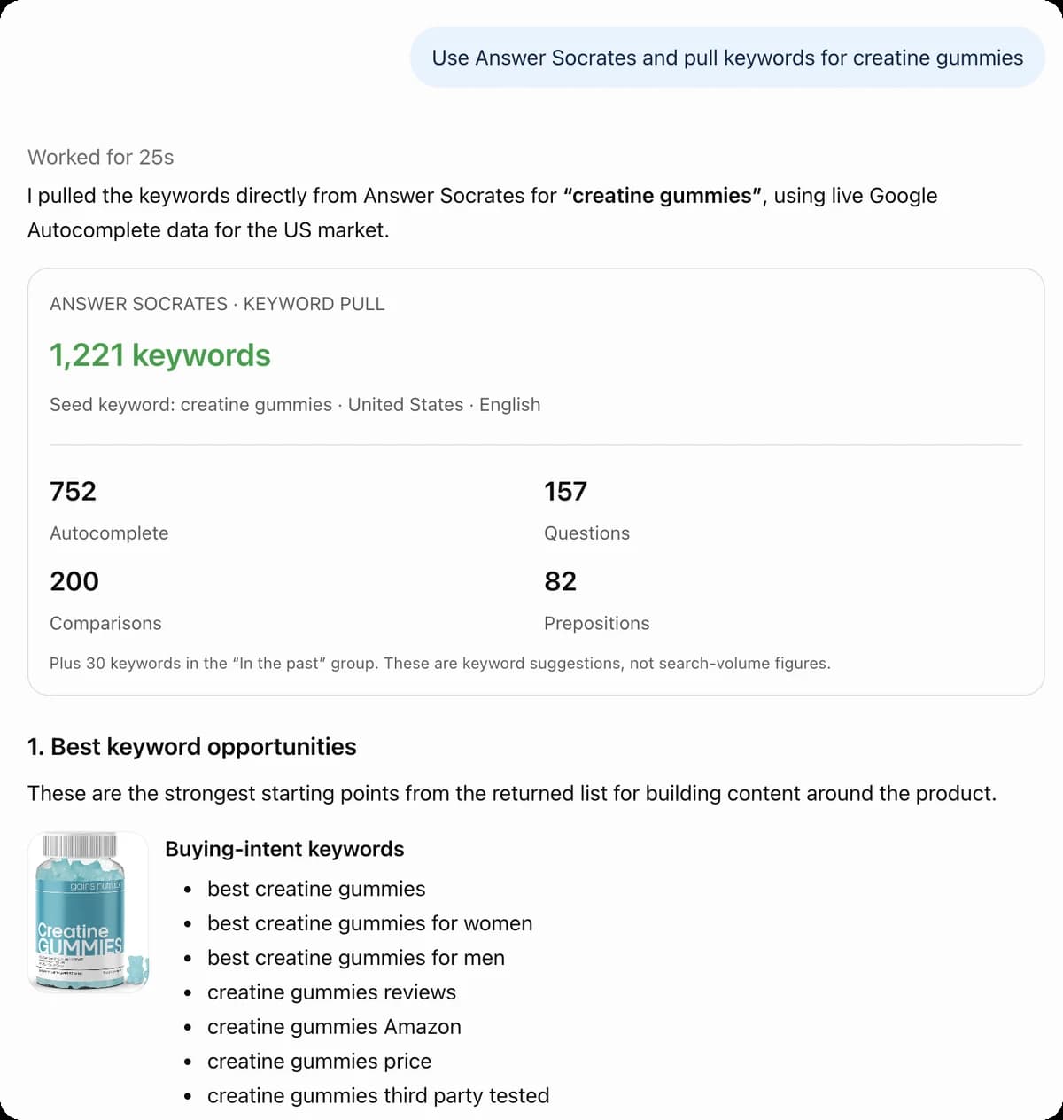 ChatGPT using Answer Socrates to pull 1,221 Google keywords for creatine gummies, split into Autocomplete, Questions, Comparisons and Prepositions