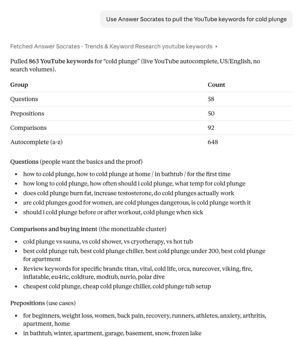 Claude using Answer Socrates to pull 863 YouTube keywords for cold plunge, split into Questions, Prepositions, Comparisons and Autocomplete