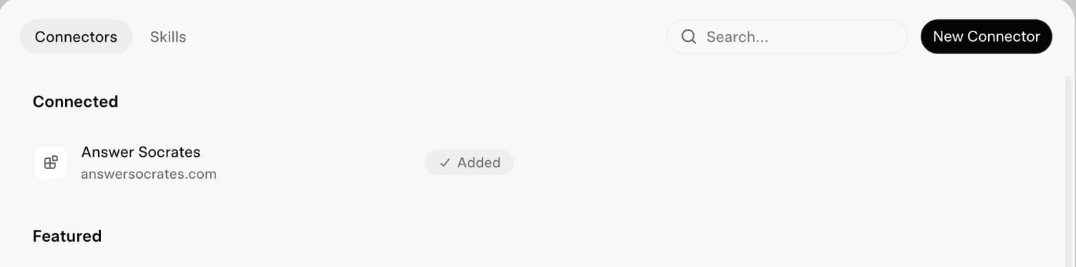 The Grok Plugins page with Answer Socrates listed under Connected and marked Added
