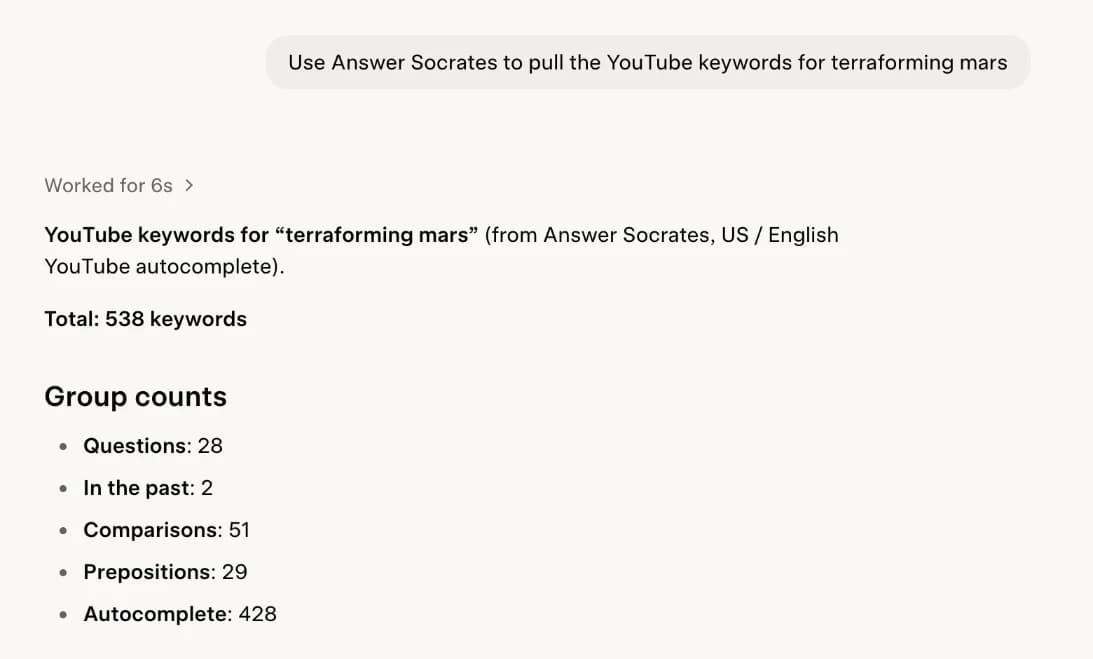 Grok using Answer Socrates to pull 538 YouTube keywords for terraforming mars, split into Questions, Comparisons, Prepositions and Autocomplete