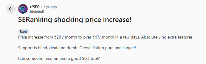 Reddit comment criticizing SpyFu's "greed-flation" price increases