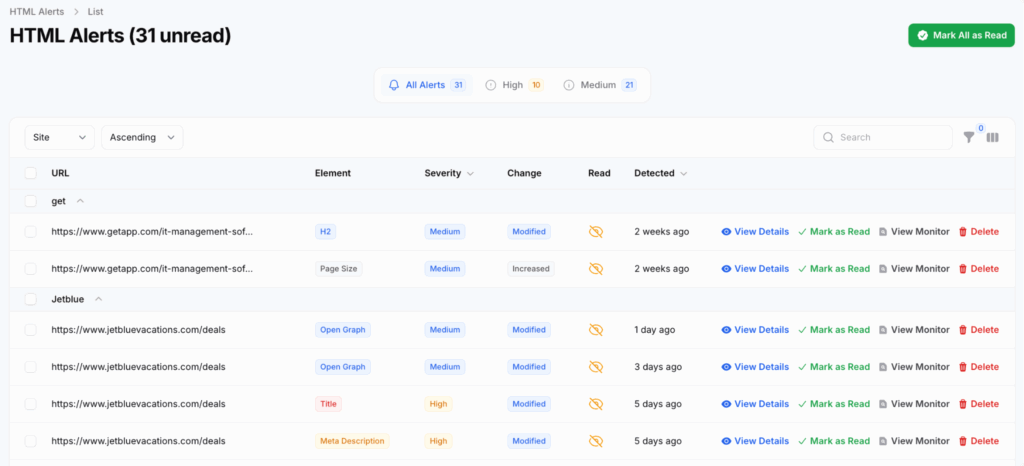 pageradar html alerts for important seo changes