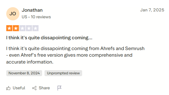 TrustPilot review of SE Ranking vs Ahrefs
