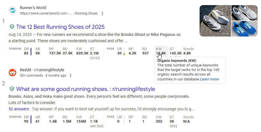 Ahrefs extension SERP metrics