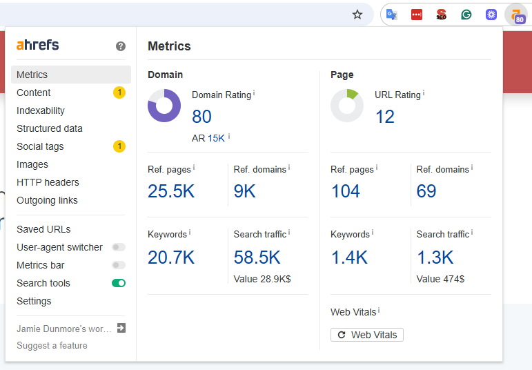 Ahrefs page overview in Chrome extension