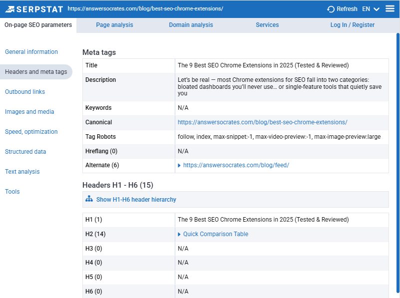 Serpstat on-page data from extension