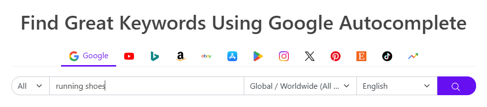 keyword tool range of available searches