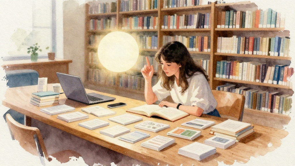 A woman in a sunlit library fans open books and paper cards across a wooden table while a glowing sphere hovers above.